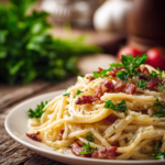 Close-up of creamy spaghetti carbonara pasta with crispy pancetta and fresh parsley on rustic wooden table under warm natural light