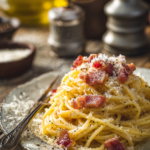 Close-up of creamy spaghetti carbonara pasta with crispy pancetta, grated cheese, and cracked black pepper on a rustic wooden surface with warm natural lighting.
