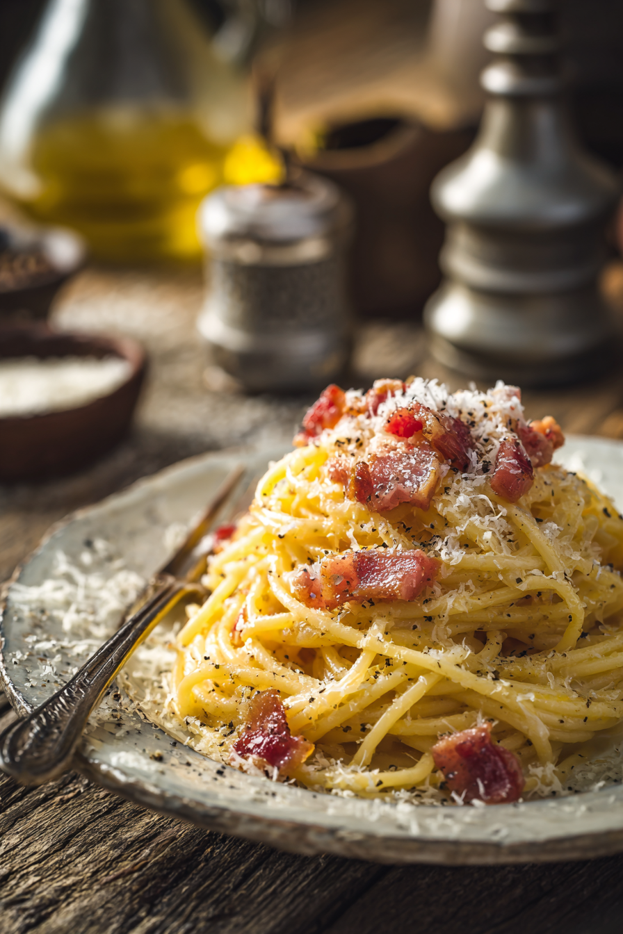 Close-up of creamy spaghetti carbonara pasta with crispy pancetta, grated cheese, and cracked black pepper on a rustic wooden surface with warm natural lighting.