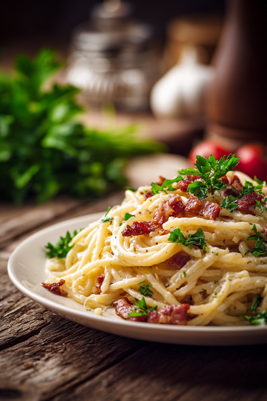 Close-up of creamy spaghetti carbonara pasta with crispy pancetta and fresh parsley on rustic wooden table under warm natural light