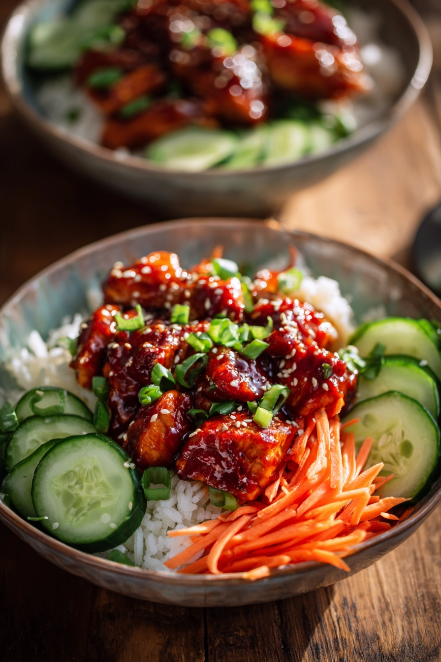 Close-up of Sweet and Spicy Gochujang Chicken Bowl with tender chicken thighs coated in glossy red sauce, white rice, julienned carrots, sliced cucumbers, green onions, and toasted sesame seeds on rustic wooden surface
