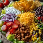 Close-up of a taco salad lunch with pan-fried ground beef, iceberg lettuce, cherry tomatoes, black beans, corn, shredded cheddar cheese, black olives, red onion, tortilla chips, sour cream, and salsa served in a large shallow bowl on a rustic wooden surface.