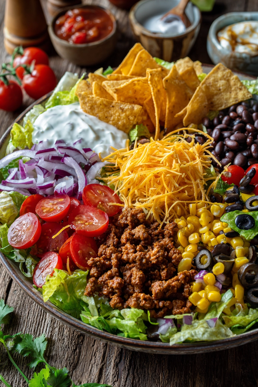 Close-up of a taco salad lunch with pan-fried ground beef, iceberg lettuce, cherry tomatoes, black beans, corn, shredded cheddar cheese, black olives, red onion, tortilla chips, sour cream, and salsa served in a large shallow bowl on a rustic wooden surface.