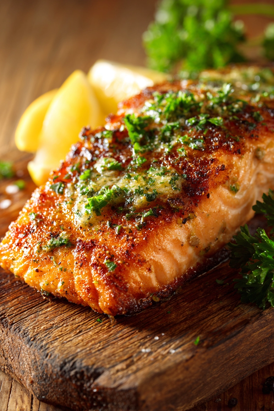 Close-up of grilled salmon fillet with crispy golden brown exterior and lemon pepper butter sauce, garnished with lemon wedge and parsley on rustic wooden surface