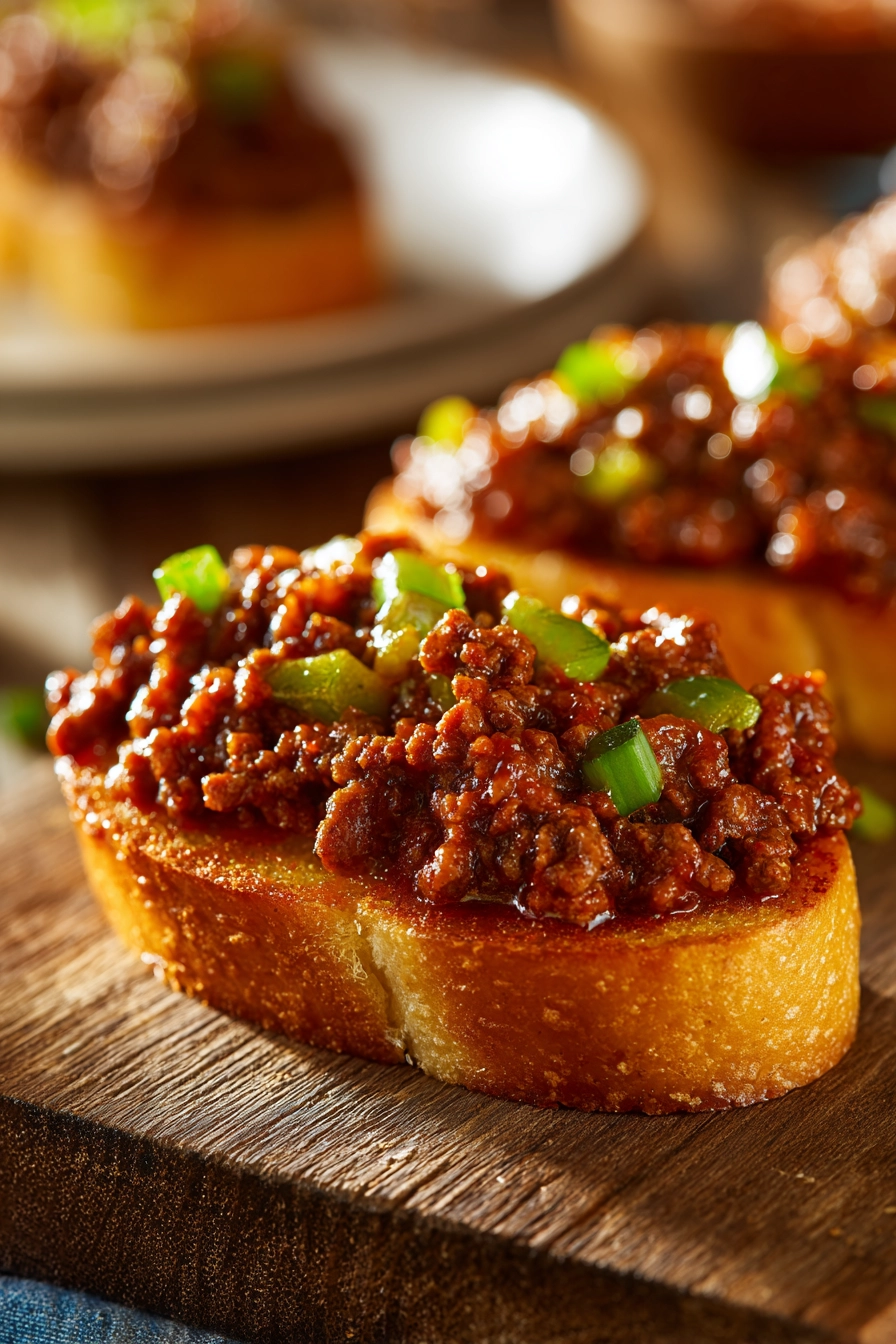 Close-up of open-faced Texas Toast Sloppy Joes with chunky ground beef, green bell peppers, and golden toasted bread on a white plate in warm natural light