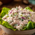 Close-up of a classic tuna salad with chunks of canned tuna, finely chopped celery and red onion in a creamy mayonnaise dressing, served on fresh green lettuce in a rustic bowl.