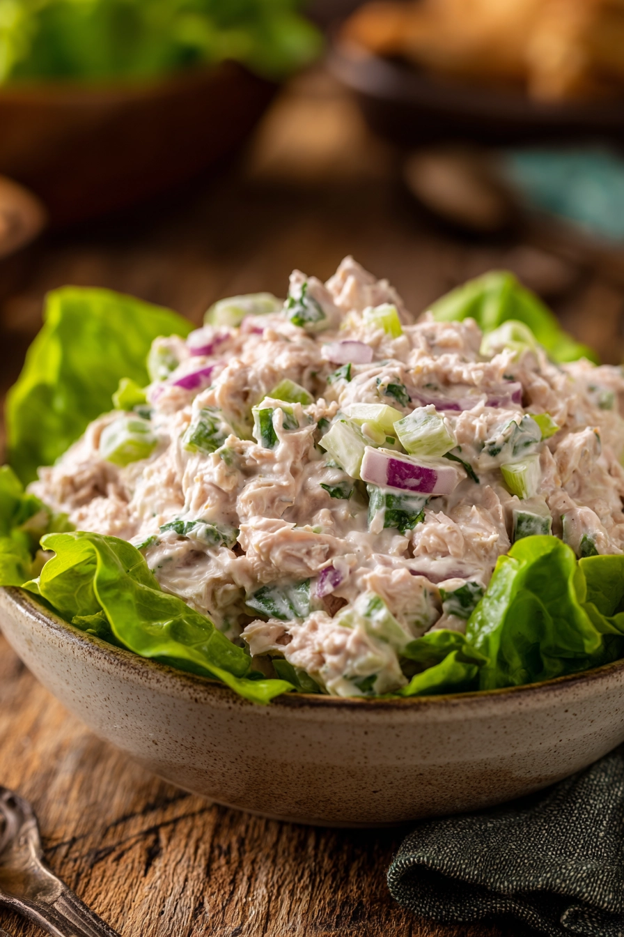 Close-up of a classic tuna salad with chunks of canned tuna, finely chopped celery and red onion in a creamy mayonnaise dressing, served on fresh green lettuce in a rustic bowl.