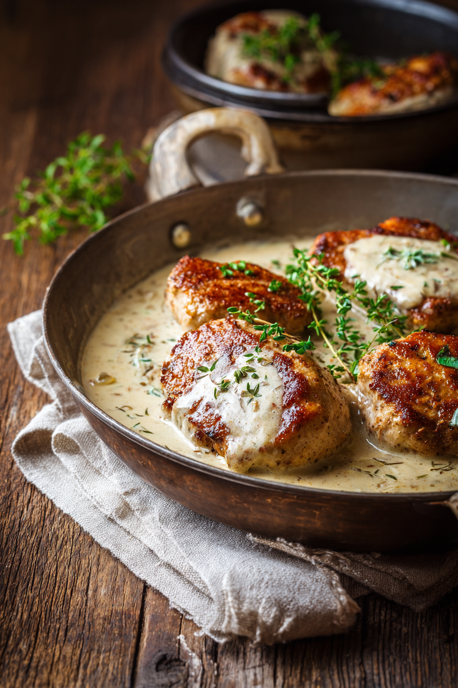 Close-up of tender turkey cutlets covered in creamy white wine sauce on rustic wooden surface with warm lighting