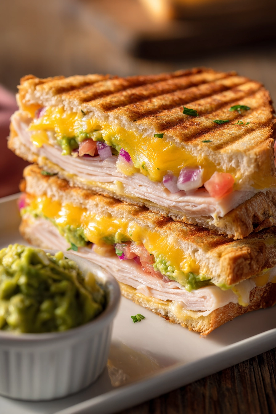 Diagonal cut Turkey Guacamole Grilled Cheese Sandwich stacked on a white rectangular plate, showing melted cheddar, sliced turkey, and fresh green guacamole with a ramekin of extra guacamole on rustic wooden surface
