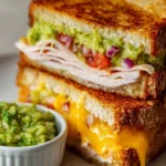 Close-up of a diagonally cut turkey guacamole grilled cheese sandwich with melted cheddar and crispy sourdough bread, served with extra guacamole in a ramekin on a white ceramic plate