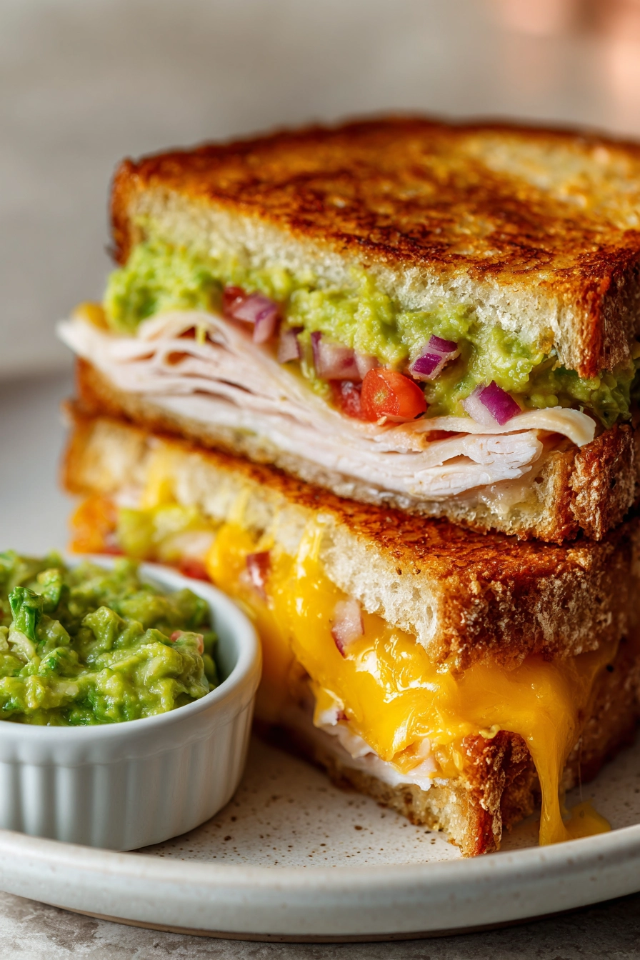 Close-up of a diagonally cut turkey guacamole grilled cheese sandwich with melted cheddar and crispy sourdough bread, served with extra guacamole in a ramekin on a white ceramic plate