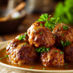 Close-up of juicy turkey meatballs covered in creamy savory gravy on a rustic wooden surface with warm natural light