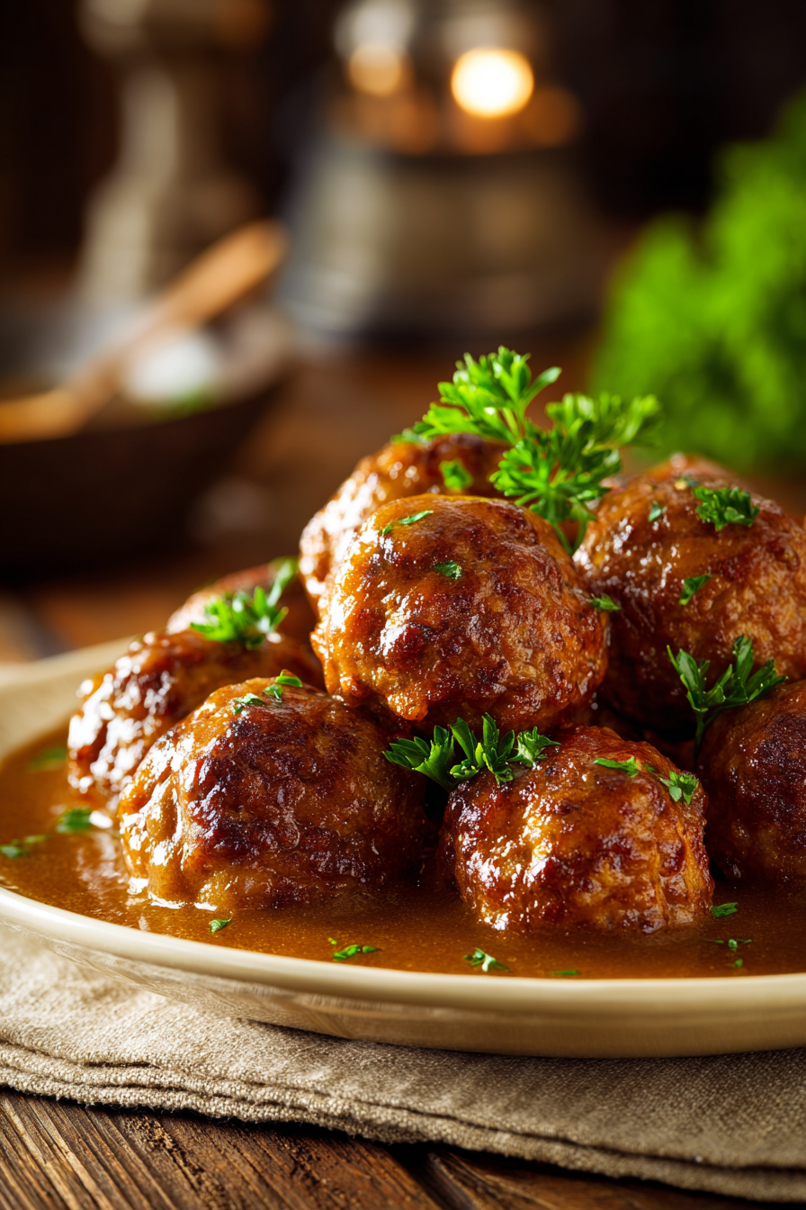 Close-up of juicy turkey meatballs covered in creamy savory gravy on a rustic wooden surface with warm natural light