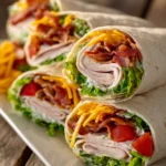 Close-up of Turkey Ranch Club Wraps cut diagonally showing layers of sliced turkey, crisp bacon, green lettuce, red tomatoes, cheddar cheese, and ranch dressing on soft flour tortillas, served on a rectangular white plate.