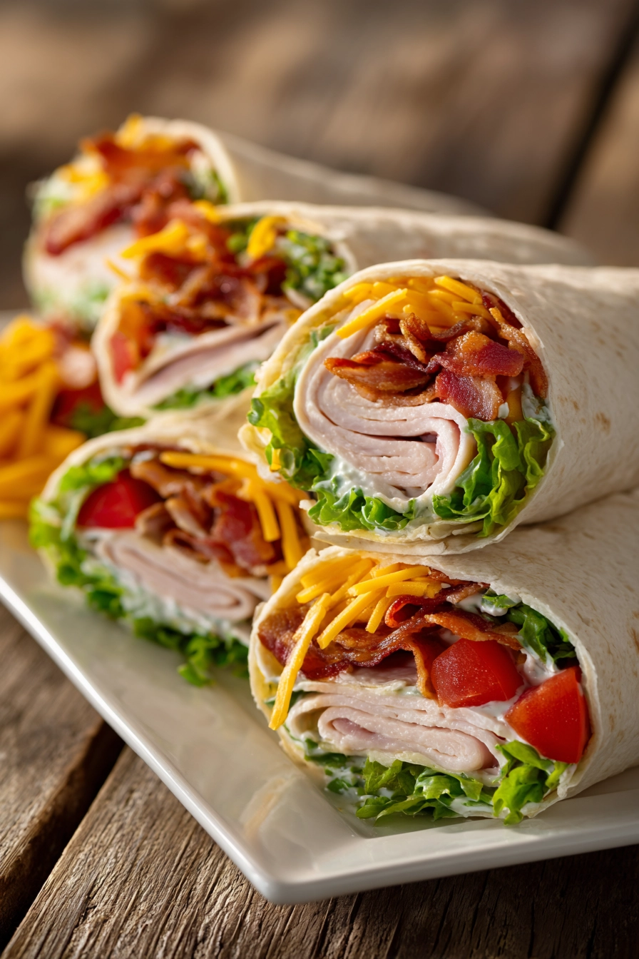 Close-up of Turkey Ranch Club Wraps cut diagonally showing layers of sliced turkey, crisp bacon, green lettuce, red tomatoes, cheddar cheese, and ranch dressing on soft flour tortillas, served on a rectangular white plate.