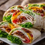 Close-up of diagonally cut Turkey Ranch Club Wraps on a white rectangular plate showing layers of flour tortillas, sliced turkey breast, crispy bacon, leaf lettuce, sliced tomatoes, cheddar cheese, and ranch dressing with warm natural lighting