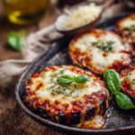 Close-up of vegetarian eggplant parmesan with melted cheese and tomato sauce on a rustic wooden surface, warm natural lighting