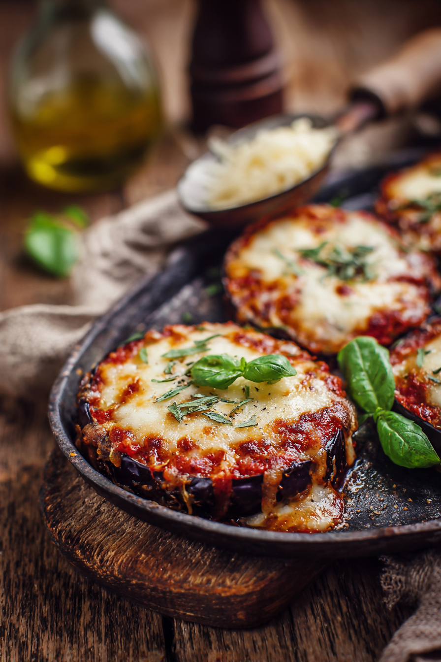 Close-up of vegetarian eggplant parmesan with melted cheese and tomato sauce on a rustic wooden surface, warm natural lighting