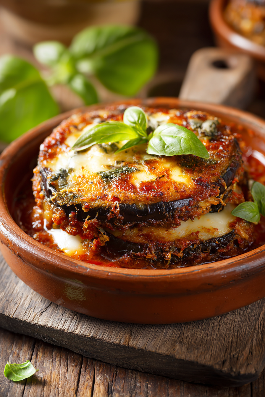 Close-up of vegetarian eggplant parmesan with golden melted cheese and tomato sauce on a rustic plate with fresh basil, warm natural light