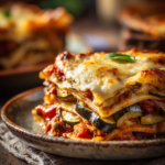 Close-up of a slice of veggie lasagna with melted cheese and roasted vegetables on a rustic plate with warm natural light
