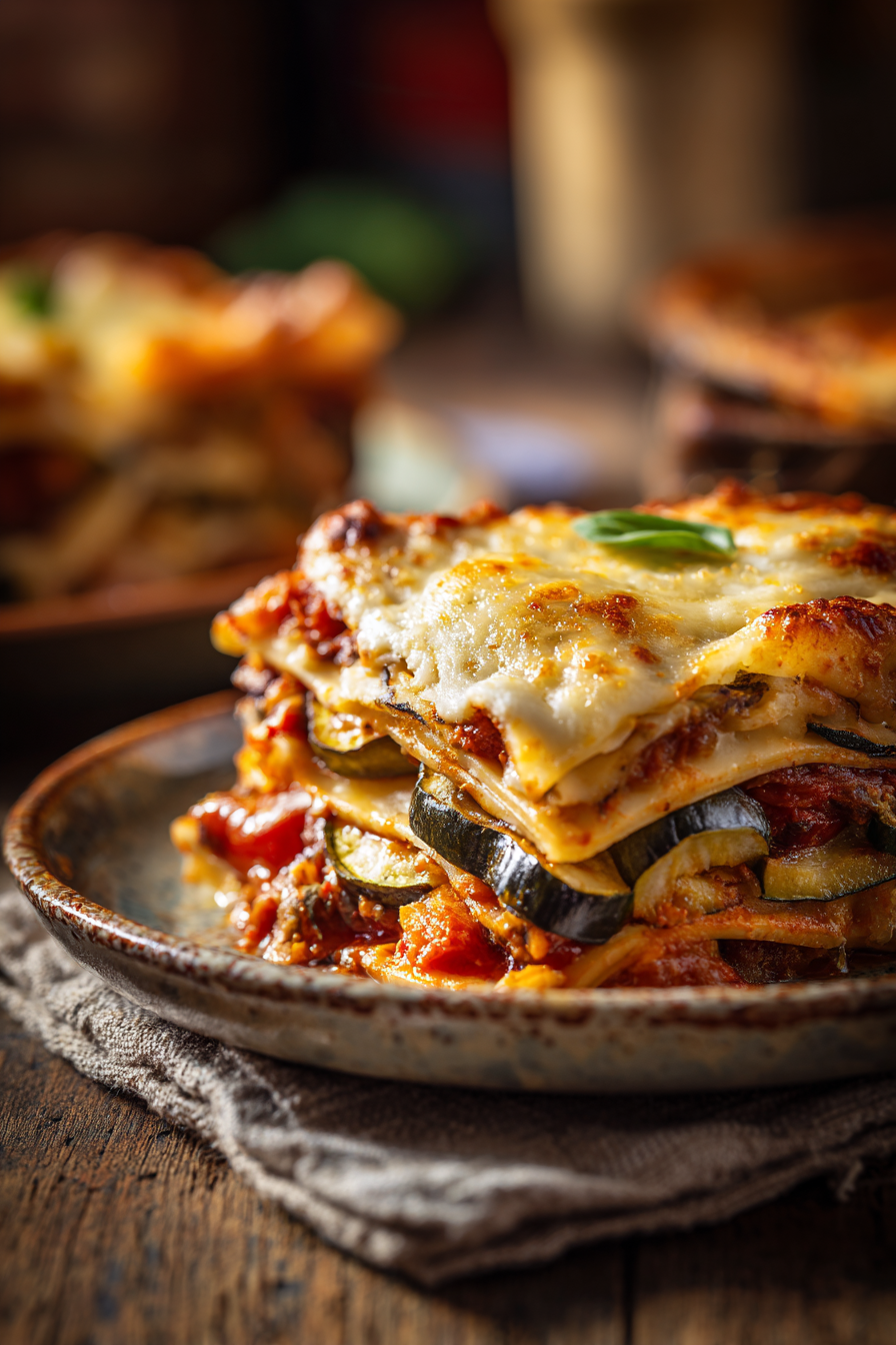 Close-up of a slice of veggie lasagna with melted cheese and roasted vegetables on a rustic plate with warm natural light