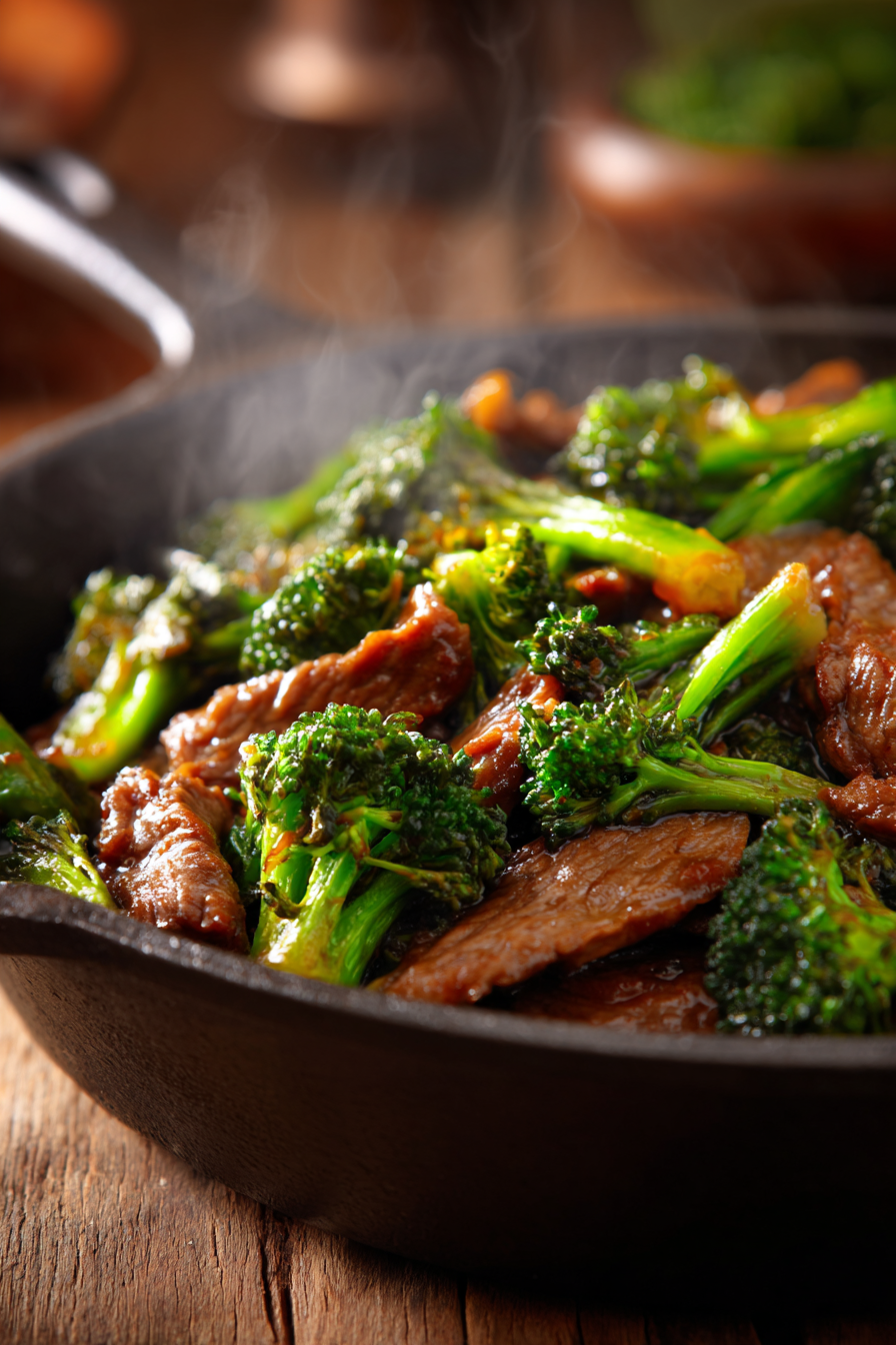Close-up of glossy beef and broccoli stir-fry on a rustic wooden surface with warm natural light highlighting the tender meat and fresh green broccoli