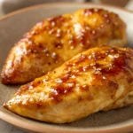 Close-up of air fryer chicken breast glazed with a shiny finish and garnished with herbs.