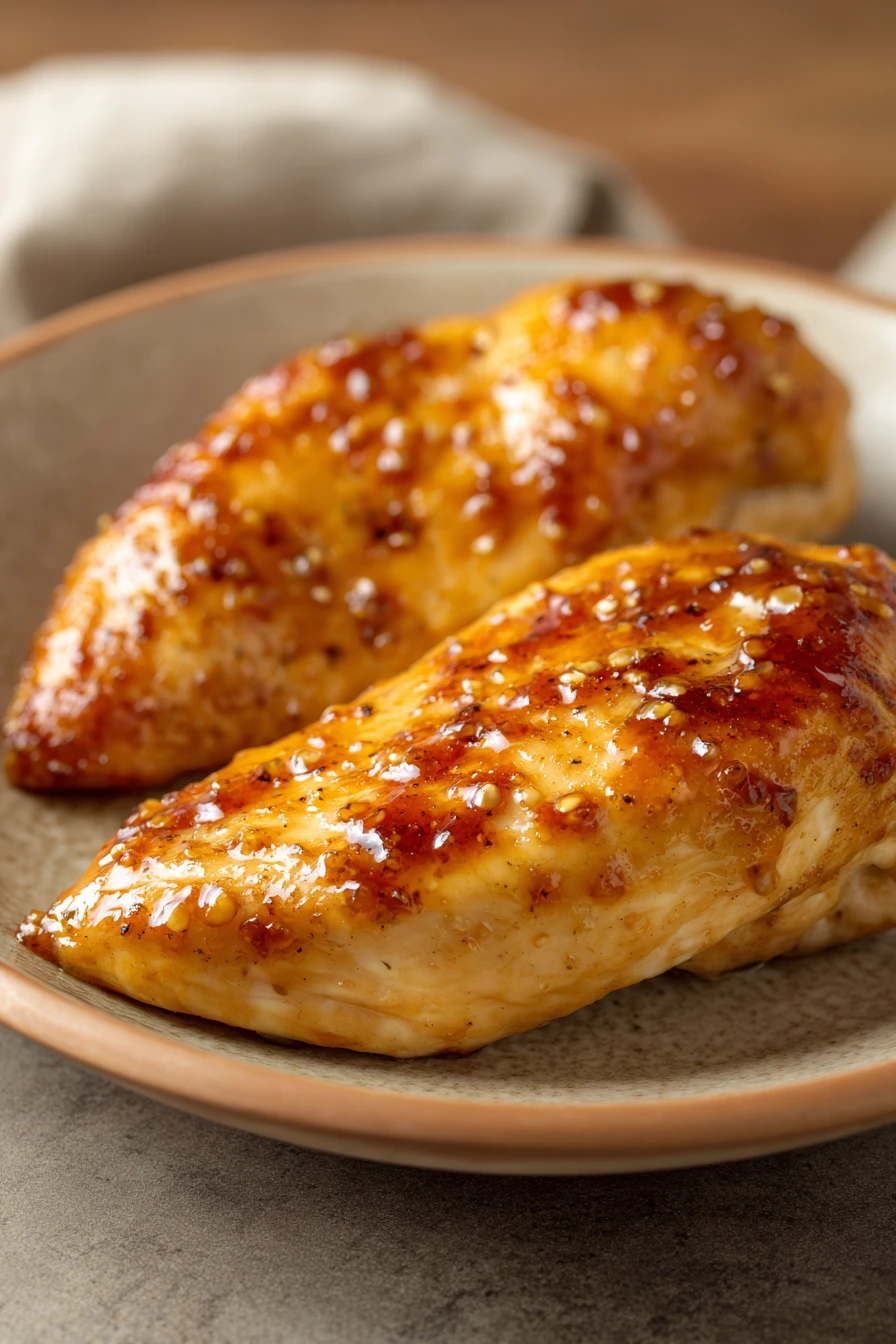 Close-up of air fryer chicken breast glazed with a shiny finish and garnished with herbs.