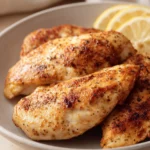 Golden-brown air fryer chicken breast with lemon slices on a white plate