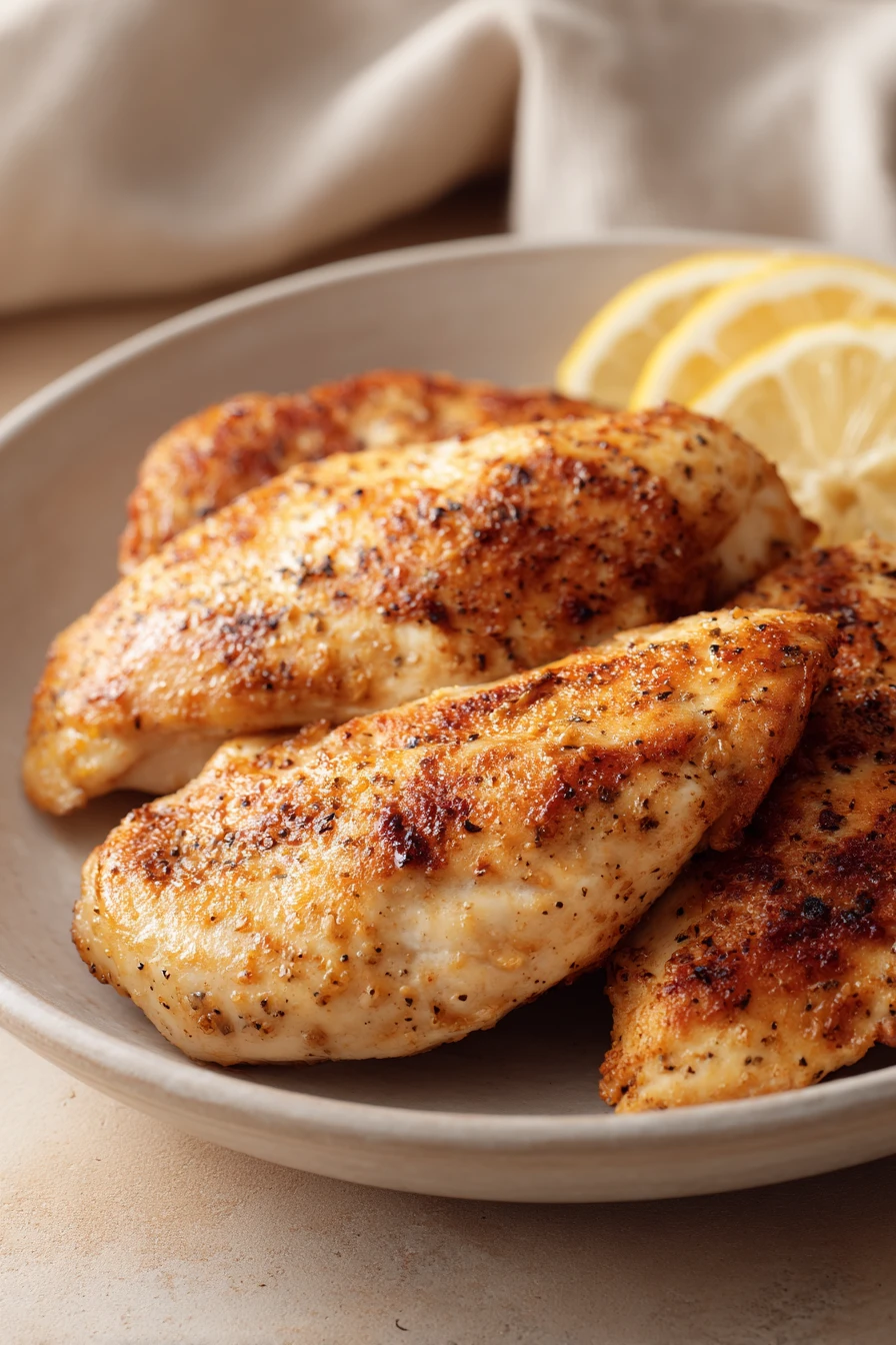 Golden-brown air fryer chicken breast with lemon slices on a white plate