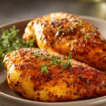 Close-up of air fryer chicken breast with crispy shake and bake coating on a clean white plate.