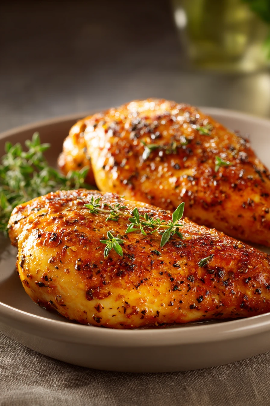 Close-up of air fryer chicken breast with crispy shake and bake coating on a clean white plate.