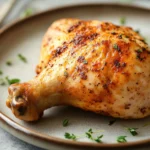 Close-up of air fryer chicken leg and thigh with crispy skin on a white plate