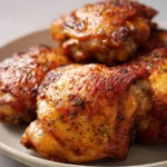 Close-up of air fryer chicken thighs with creamy sauce and herbs