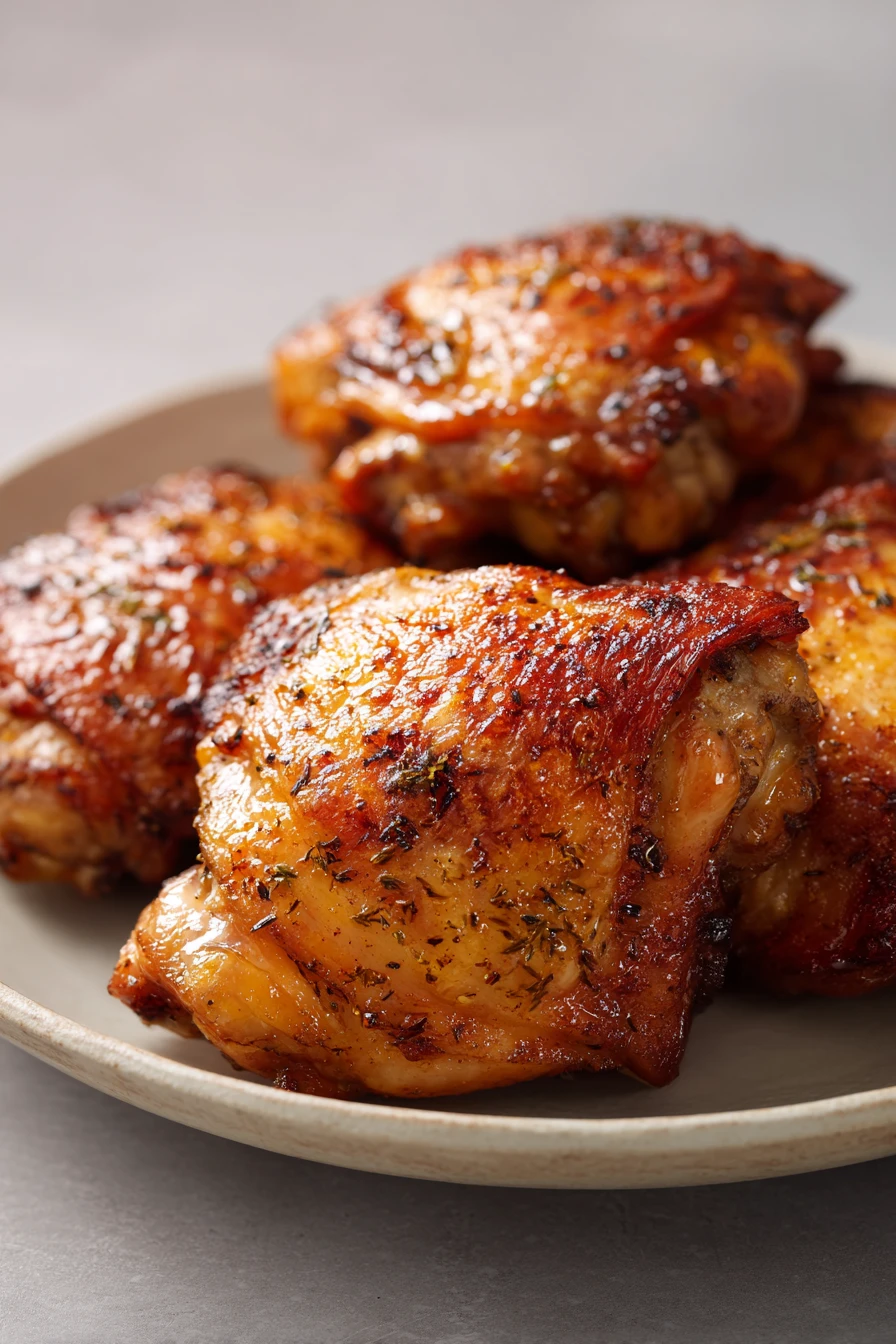 Close-up of air fryer chicken thighs with creamy sauce and herbs