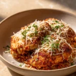 Golden-brown air fryer chicken thigh parmesan with melted cheese on a clean plate