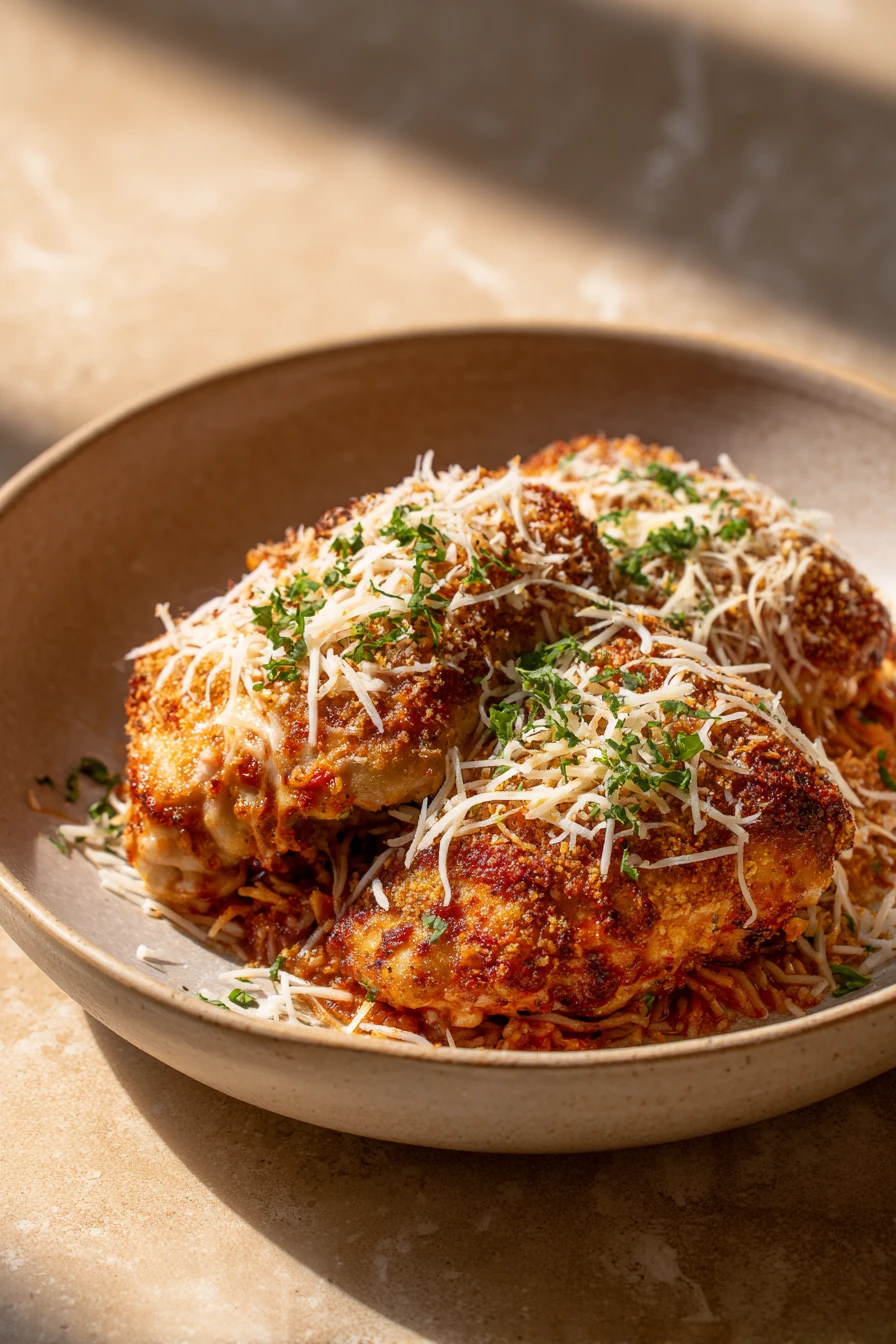 Golden-brown air fryer chicken thigh parmesan with melted cheese on a clean plate