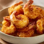 Close-up of crispy air fryer fried shrimp on a plate with lemon wedges