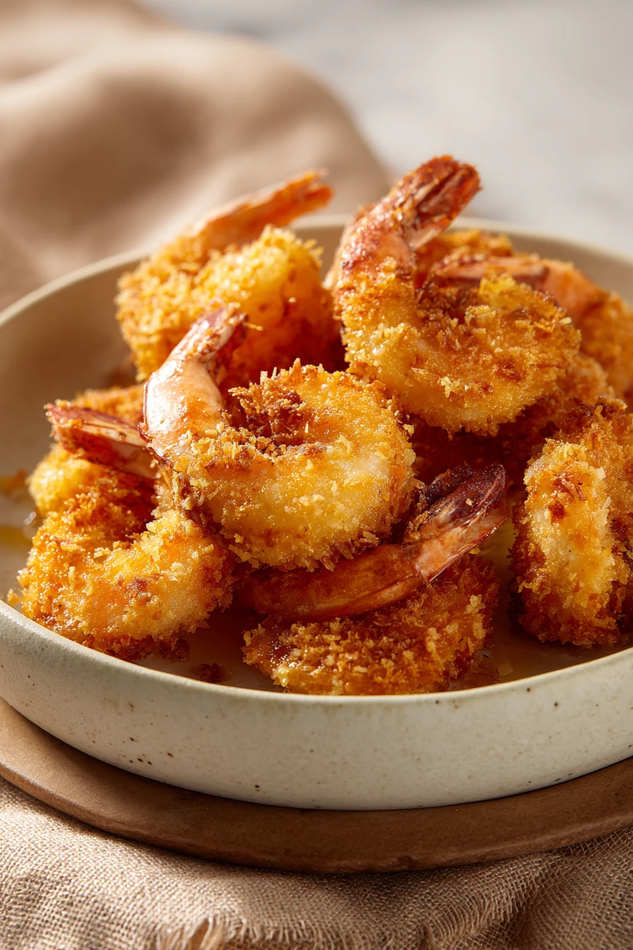 Close-up of crispy air fryer fried shrimp on a plate with lemon wedges