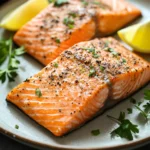 Close-up of air fryer king salmon with a golden crust and garnished with herbs