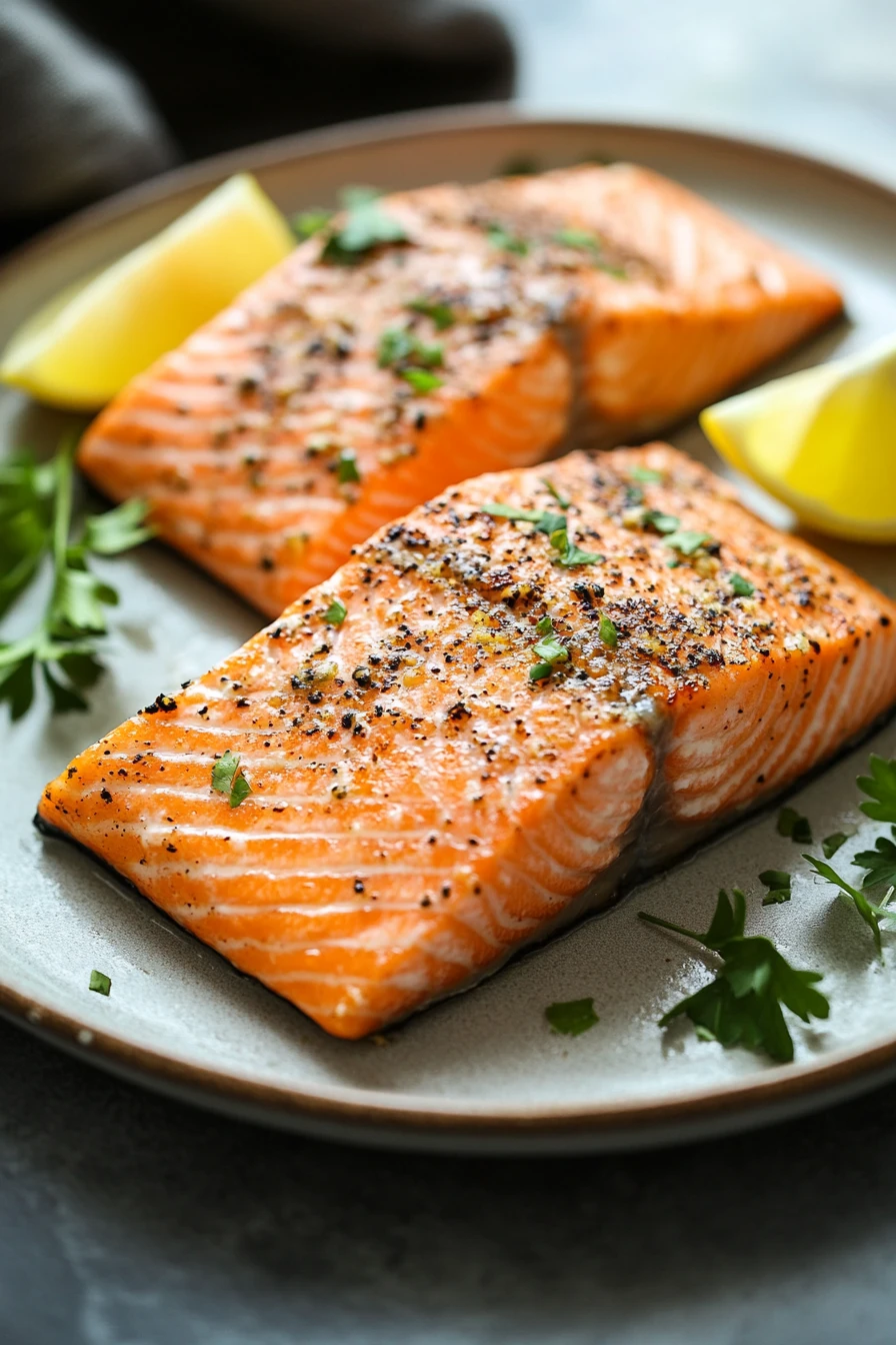 Close-up of air fryer king salmon with a golden crust and garnished with herbs