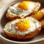 Close-up of air fryer potato and eggs with golden crispy edges