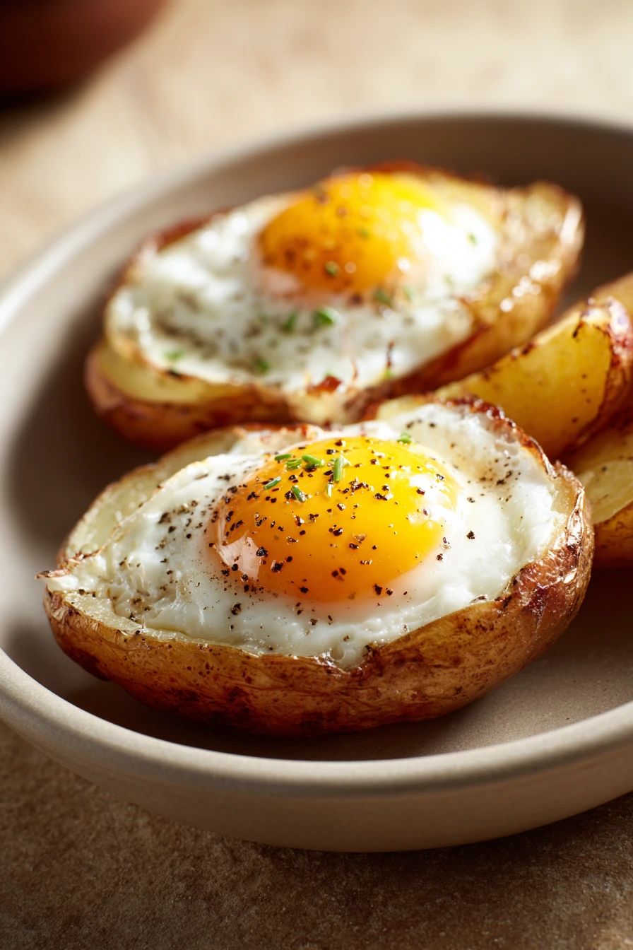 Close-up of air fryer potato and eggs with golden crispy edges
