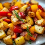 Close-up of air fryer roasted potatoes and peppers with a clean background