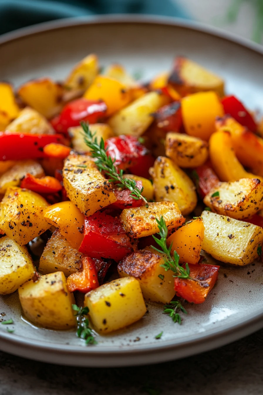 Close-up of air fryer roasted potatoes and peppers with a clean background