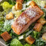 Close-up of air fryer salmon caesar salad with fresh greens and salmon pieces