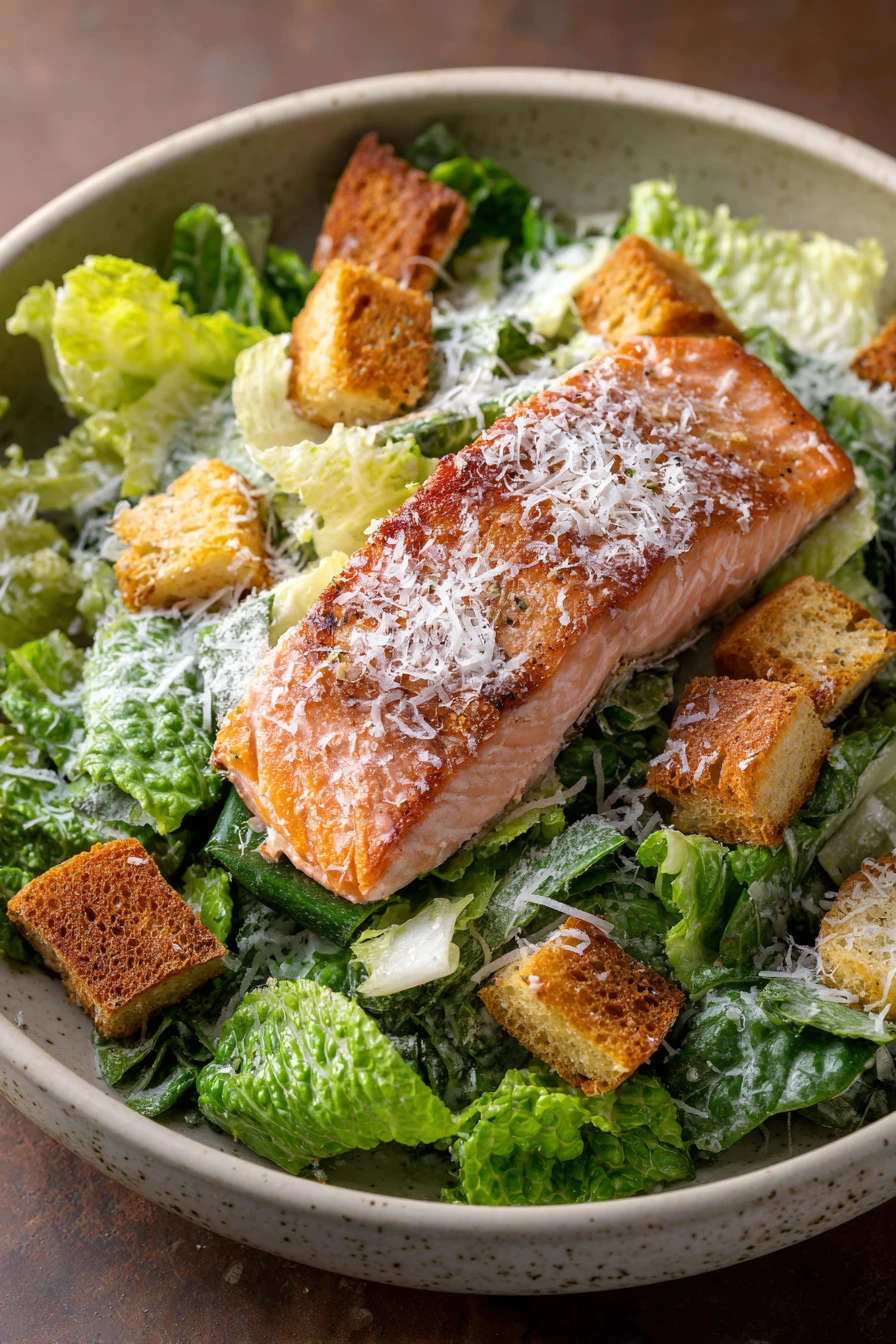 Close-up of air fryer salmon caesar salad with fresh greens and salmon pieces