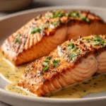 Close-up of air fryer salmon with mustard glaze, garnished with herbs on a white plate.