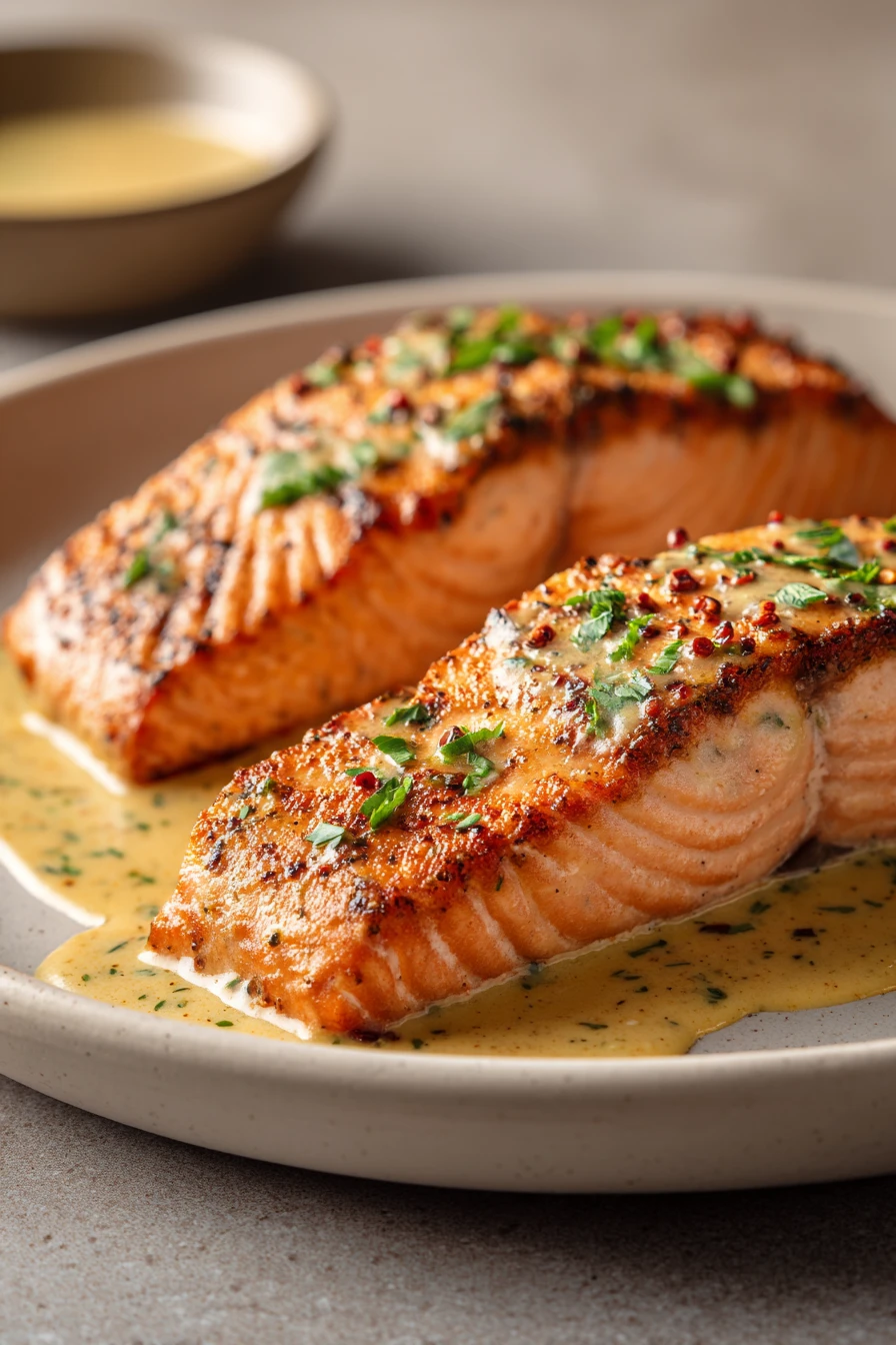Close-up of air fryer salmon with mustard glaze, garnished with herbs on a white plate.