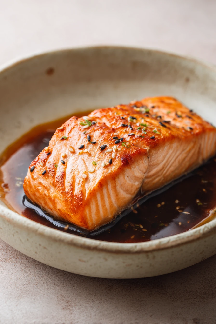 Close-up of air fryer salmon with soy sauce glaze on a white plate